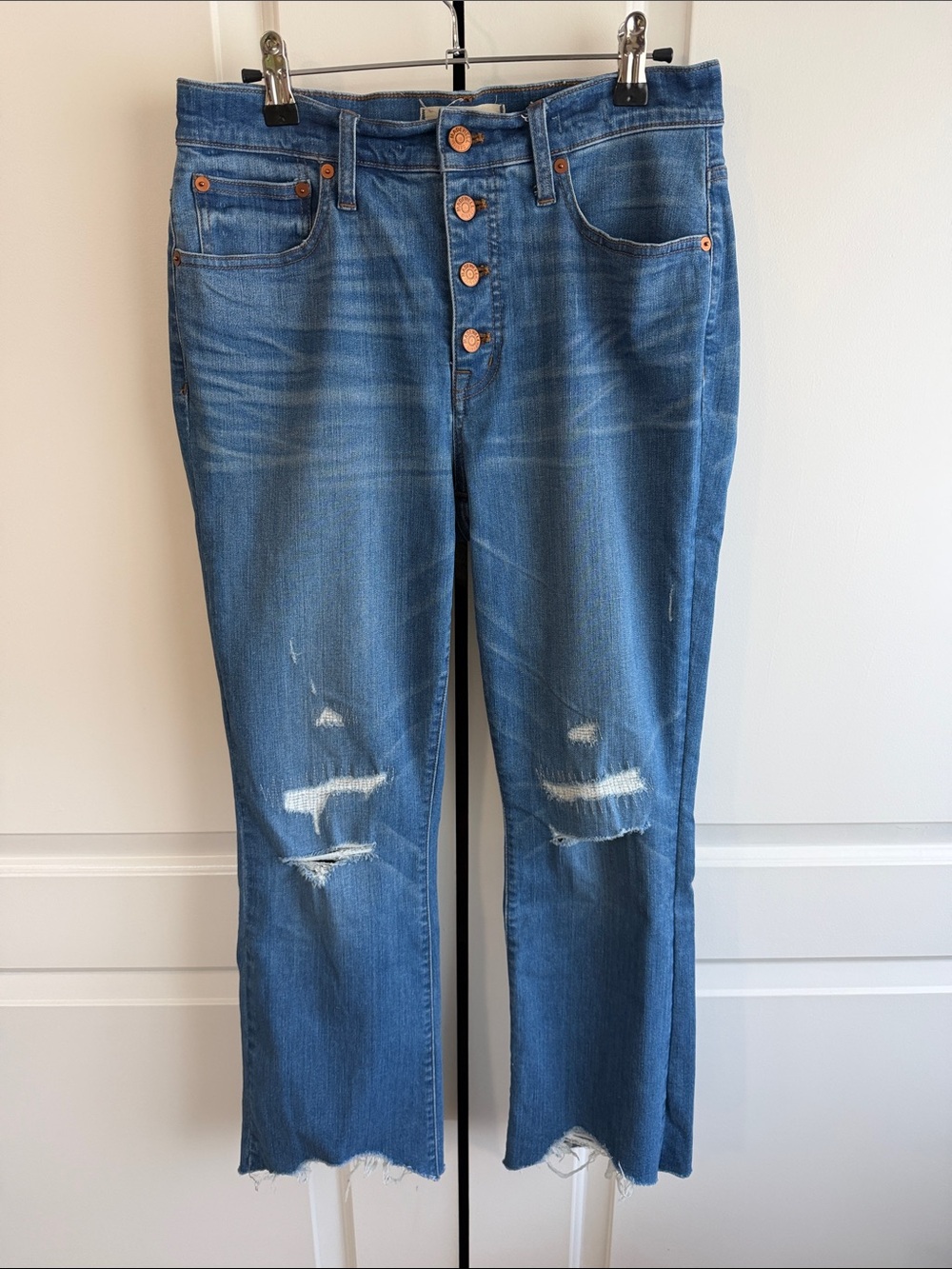 Madewell Cali Demi Boot Distressed Button-Fly Jeans in Blue Size 28
